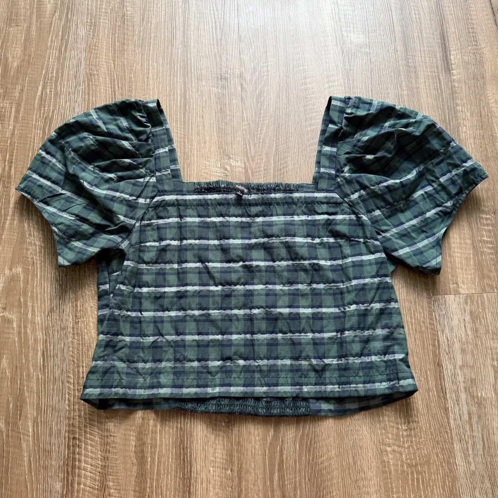Madewell‎ Green Plaid Puff-Sleeve Square Neck Smocked Crop Top Medium Preppy